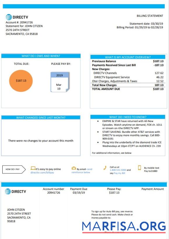 Printable USA California Directv utility bill template in Word and PDF format, good for address prove